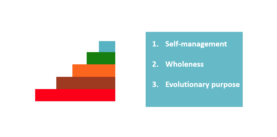 5 color bars red, amber, orange, green and a teal text block that says 1. self-management 2. wholeness 3. evolutionary purpose