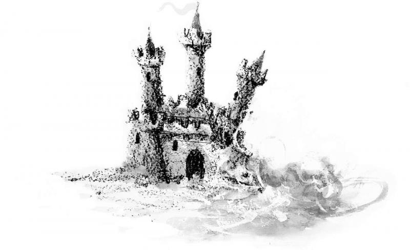 An illustration of a sand castle succumbing to the elements.