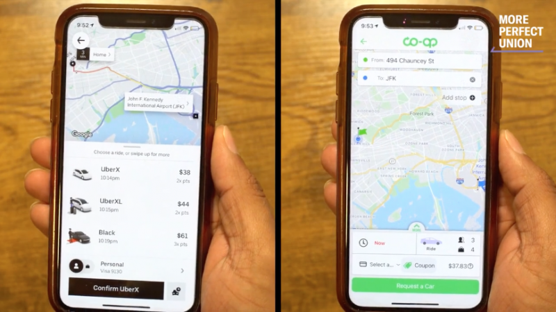 photos of a mobile phone showing the Uber app and one showing the Drivers Coop app