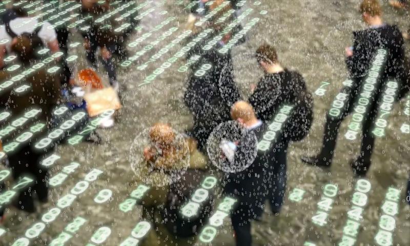 people walking in a busy city street with techy numbers floating around them