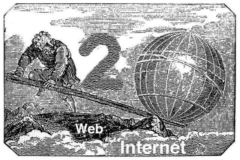 Illustration of a man pushing down on a see saw with the internet, represented as a globe, on the other end. The number 2 appears in the background.
